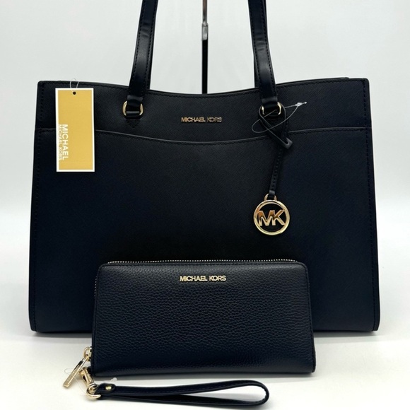 Michael Kors Large MF Pocket Shoulder Tote Bag & Continental Wallet Black/Gold